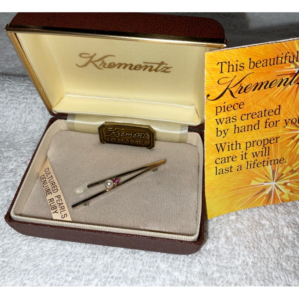 Pin, Lapel Pin, Krementz 14K gold overlay pin w/ruby and pearl